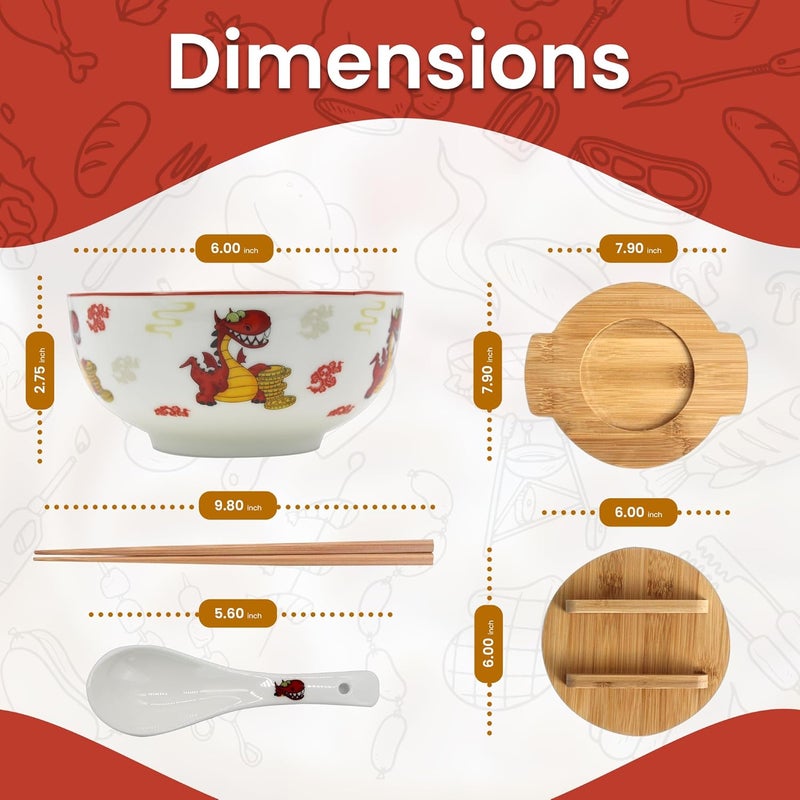 XWORLD XWORLD Japanese Ceramic Ramen Noodle Bowls Set with Ceramic Spoon Bamboo Chopsticks Lid  Trivet Serving Capacity of 20 OZ Microwavable Oven Safety 275 x 575 D Dragon and money - Image 2