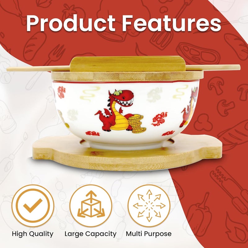 XWORLD XWORLD Japanese Ceramic Ramen Noodle Bowls Set with Ceramic Spoon Bamboo Chopsticks Lid  Trivet Serving Capacity of 20 OZ Microwavable Oven Safety 275 x 575 D Dragon and money - Image 3