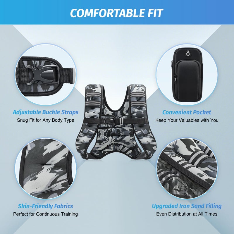 ZELUS Weighted Vest, 6lb/8lb/12lb/16lb/20lb/25lb/30lb Weight Vest for Men Women with Storage Pocket & Reflective Strips for Workout Strength Training Running Muscle Building, Gray Camo (12 lb) - Image 2