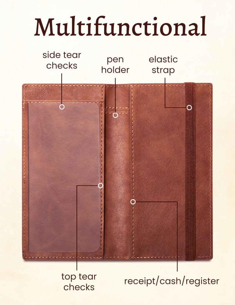 Yarnic Checkbook Cover for Personal Checkbook, Checkbook Holder with Pen Holder & Built-in Clear Plastic Divider for Duplicate Checks (Dark Brown) - Image 2