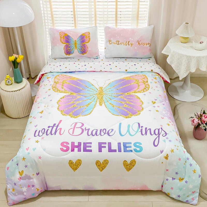 Cokouchyi Twin Size Comforter Set for Girls 5Piece Bed in a Bag 3D Colorful Butterfly Bedding Comforter Sheet Set Ultra Soft and Fluffy Pink  Rainbow Color