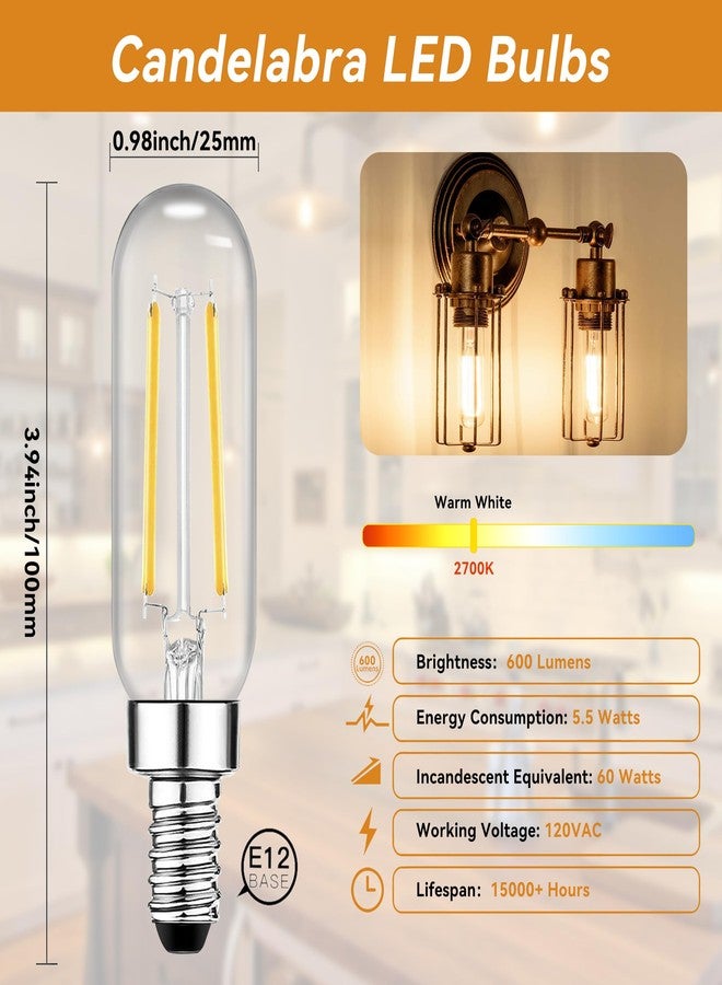TJOY Led Bulbs E12 T6 Chandelier, Dimmable, 5.5W Equivalent, 60W, 2700K, Soft Warm White, Small Base, Clear Bulb, Decorative Vintage Edison Lamp for Chandelier, Vented - Image 2