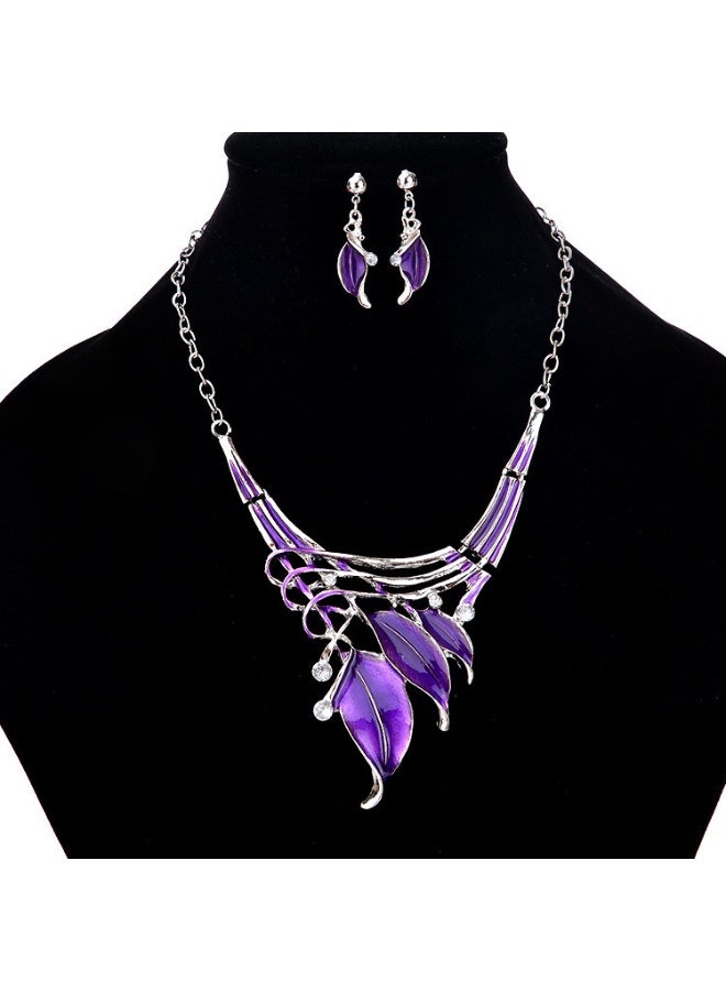 NIBEMINENT European and American Fashion Classic Leaf-Shaped Colorful Drip Oil Inlaid Diamond Necklace and Earring Set