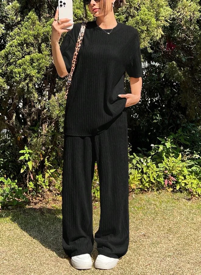 Take Two Black Textured Longline T-Shirt and Pants Co-Ords
