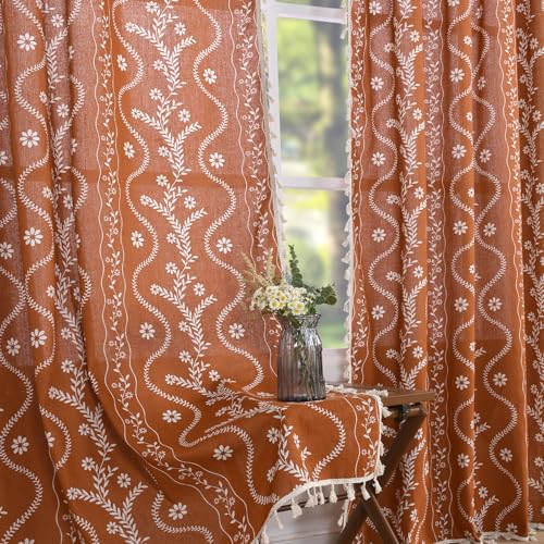 Schweek Terracotta Curtains 84 Inch Length Boho Farmhouse Curtains for Living Room 2 Panels, Linen Semi Sheer Vintage Farmhouse Printed Floral Burnt Orange Rustic Curtain Drapes - Image 1