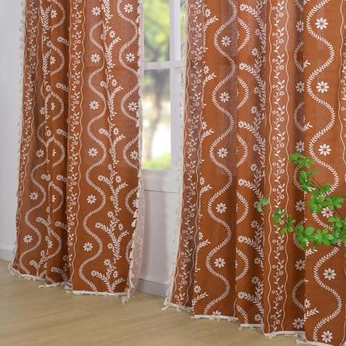Schweek Terracotta Curtains 84 Inch Length Boho Farmhouse Curtains for Living Room 2 Panels, Linen Semi Sheer Vintage Farmhouse Printed Floral Burnt Orange Rustic Curtain Drapes - Image 2