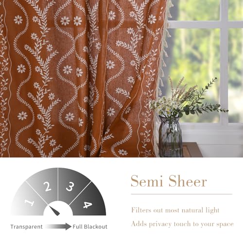 Schweek Terracotta Curtains 84 Inch Length Boho Farmhouse Curtains for Living Room 2 Panels, Linen Semi Sheer Vintage Farmhouse Printed Floral Burnt Orange Rustic Curtain Drapes - Image 3