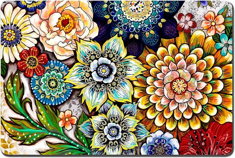 Rnivvi Dog Food Mat, 12" x 19" Flower Absorbent Dog Cat Bowl Mat for Food and Water, Cute Anti-Slip Rubber Pet Feeding Rug Protect Floors, Puppy Placemat for Feeding & Watering Supplies,Mandala Floral - Image 1