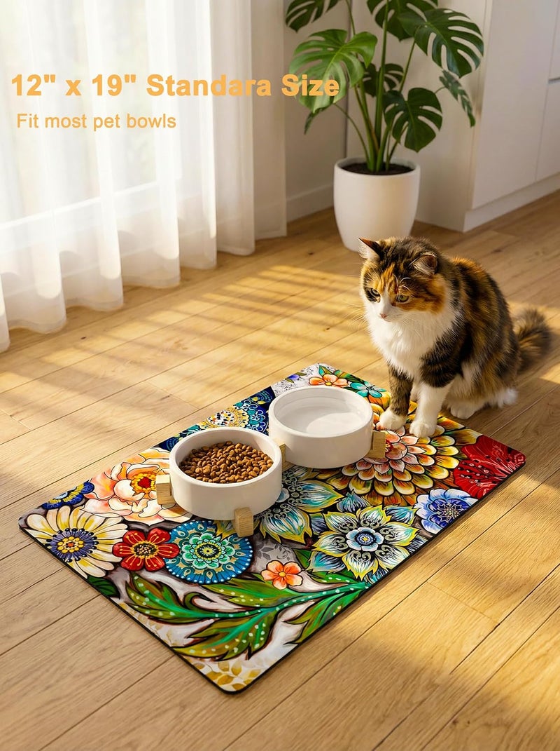 Rnivvi Dog Food Mat, 12" x 19" Flower Absorbent Dog Cat Bowl Mat for Food and Water, Cute Anti-Slip Rubber Pet Feeding Rug Protect Floors, Puppy Placemat for Feeding & Watering Supplies,Mandala Floral - Image 2