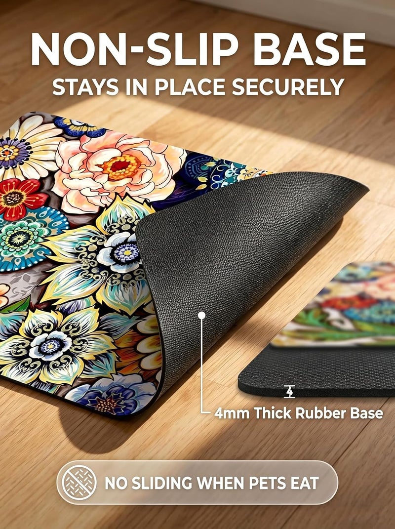 Rnivvi Dog Food Mat, 12" x 19" Flower Absorbent Dog Cat Bowl Mat for Food and Water, Cute Anti-Slip Rubber Pet Feeding Rug Protect Floors, Puppy Placemat for Feeding & Watering Supplies,Mandala Floral - Image 4