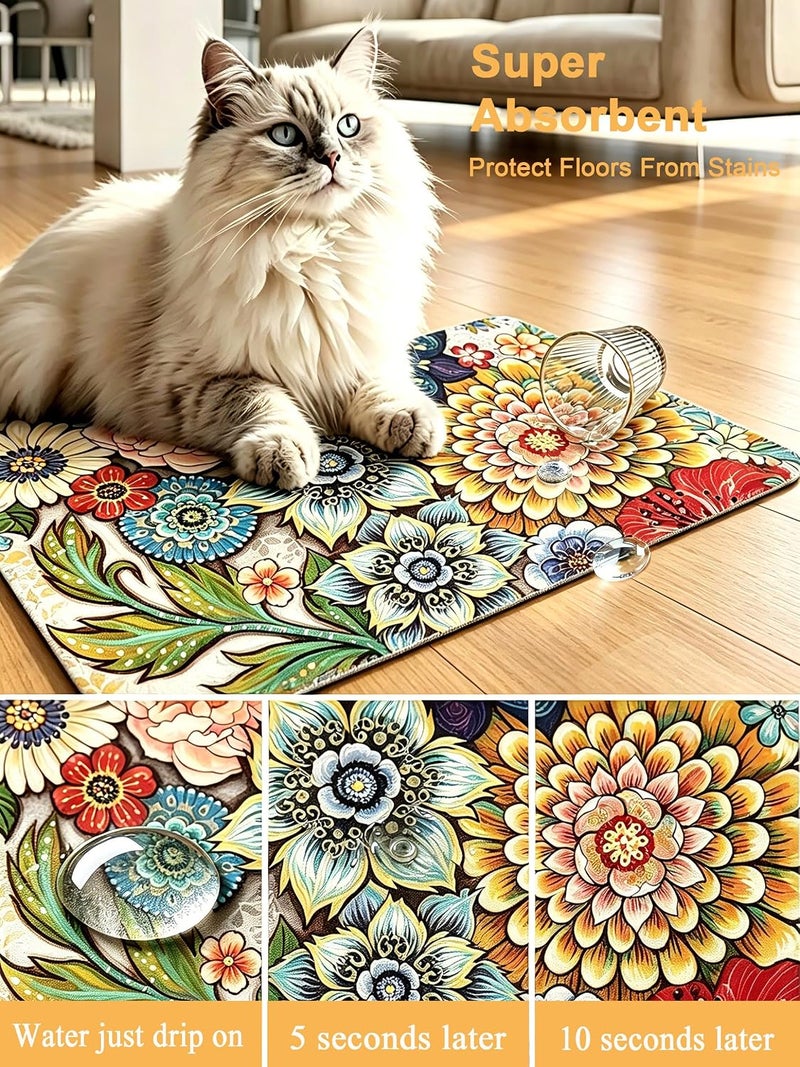 Rnivvi Dog Food Mat, 12" x 19" Flower Absorbent Dog Cat Bowl Mat for Food and Water, Cute Anti-Slip Rubber Pet Feeding Rug Protect Floors, Puppy Placemat for Feeding & Watering Supplies,Mandala Floral - Image 3