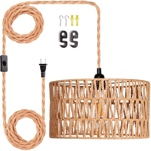 Maliralt Hanging Lamps Rattan Pendant Light Hanging Lights 16.4ft Plug in Cord Pendant Light Fixture Plug Into Wall Outlet Pendant Lighting with On Off Switch for Bedroom Living (Cylindrical Shade) - Image 1