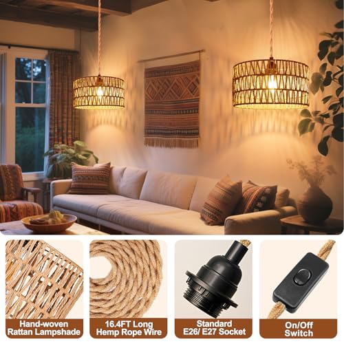 Maliralt Hanging Lamps Rattan Pendant Light Hanging Lights 16.4ft Plug in Cord Pendant Light Fixture Plug Into Wall Outlet Pendant Lighting with On Off Switch for Bedroom Living (Cylindrical Shade) - Image 3