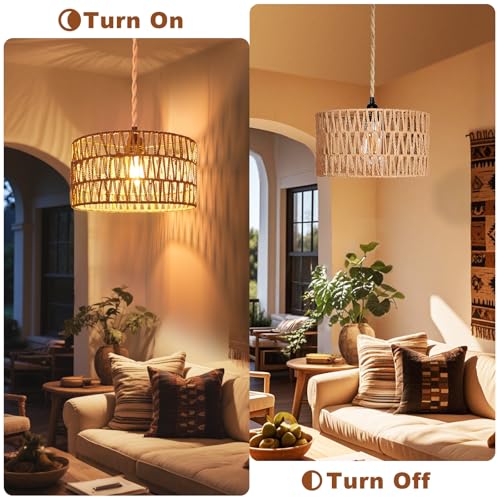 Maliralt Hanging Lamps Rattan Pendant Light Hanging Lights 16.4ft Plug in Cord Pendant Light Fixture Plug Into Wall Outlet Pendant Lighting with On Off Switch for Bedroom Living (Cylindrical Shade) - Image 5