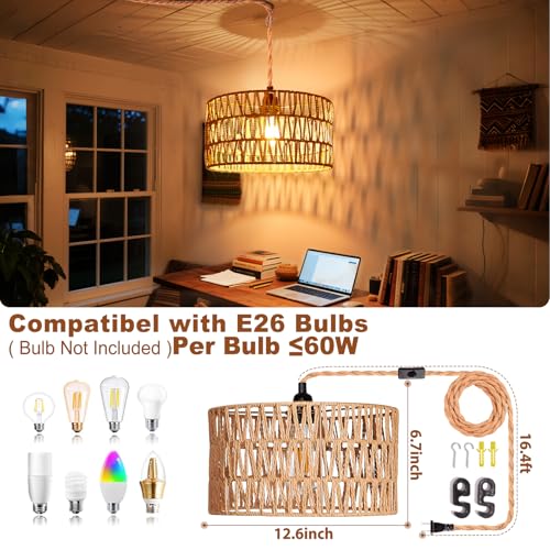 Maliralt Hanging Lamps Rattan Pendant Light Hanging Lights 16.4ft Plug in Cord Pendant Light Fixture Plug Into Wall Outlet Pendant Lighting with On Off Switch for Bedroom Living (Cylindrical Shade) - Image 2