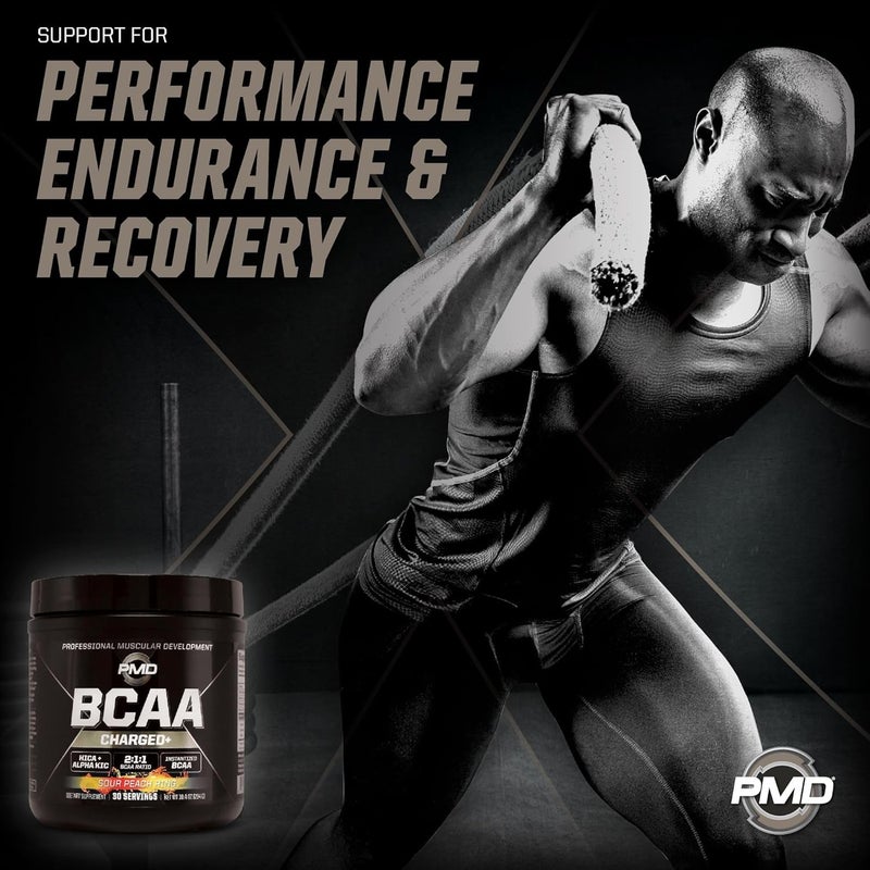 PMD PMD Sports BCAA Charged Delicious Amino Acid Drink Mix for Performance and Recovery  Increase Muscle Function for Workout and Daily Energy  Sour Peach Ring 30 Servings - Image 2