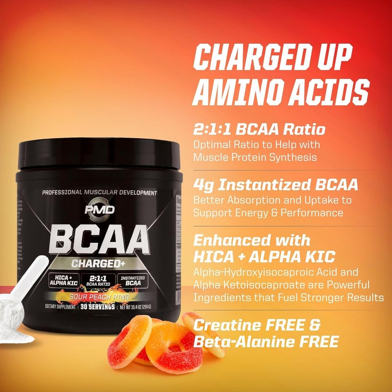 PMD PMD Sports BCAA Charged Delicious Amino Acid Drink Mix for Performance and Recovery  Increase Muscle Function for Workout and Daily Energy  Sour Peach Ring 30 Servings - Image 5
