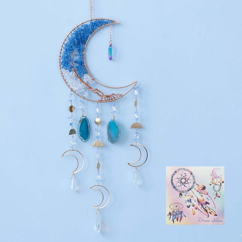 Agate Moon Dream Catchers with Crystal 7 Chakra Gemstone Dream Catchers Color Natural Gem Agate Wall Hangings Room Garden Dreamcatchers Decor Blue