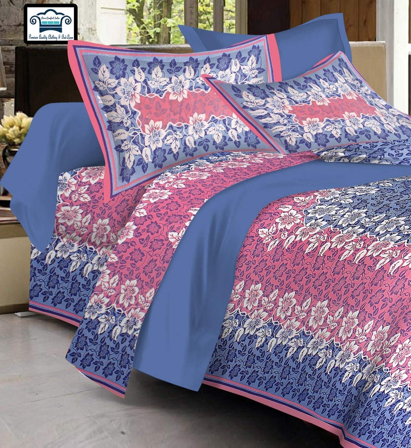PURE COMFORT 144TC Cotton Jaipuri Printed Super King Size Double Bedsheet with 2 Pillow Covers, Blue - Image 1