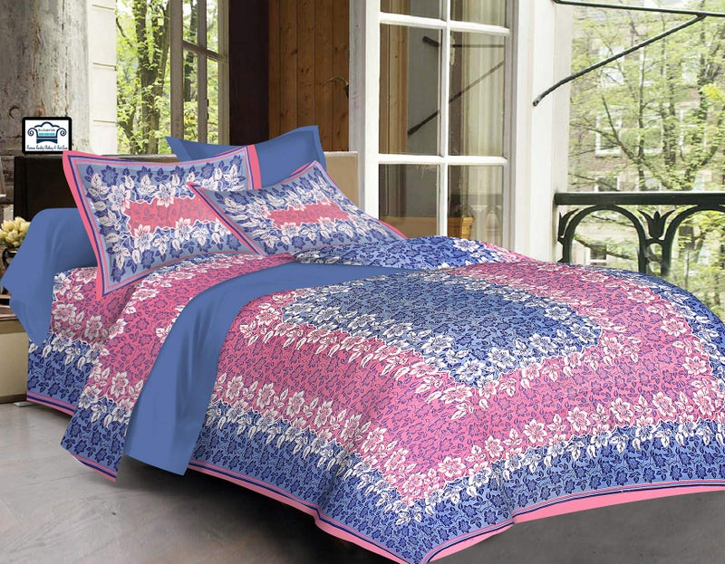 PURE COMFORT 144TC Cotton Jaipuri Printed Super King Size Double Bedsheet with 2 Pillow Covers, Blue - Image 2