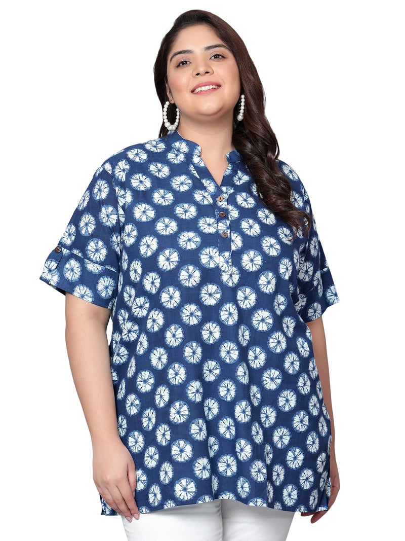 Indietoga Women's Plus Size Cotton Regular Fit Tunics (10001429_Blue Geometric Printed_5Xl) - Image 1