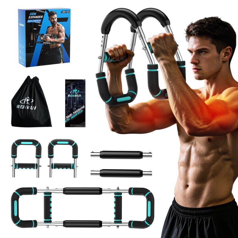 RENRUI معدات تمرين الصدر RENRUI Twister Arm Trainer للرجال والنساء، مقاومة قابلة للتعديل 5 (40-130 رطل) مدرب قوة في المنزل مع مقHandles مضادة للانزلاق وحقيبة حمل (أزرق وفضي) - Image 1