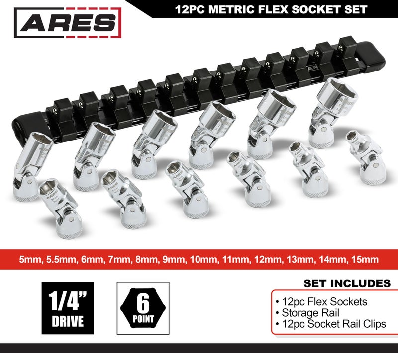ARES 39009-12-Piece 1/4-Inch Drive Metric Flex Socket Set - 6 Point Sockets Constructed From Premium Heat Treated Chrome Vanadium Steel - Storage Rail Included - Image 2