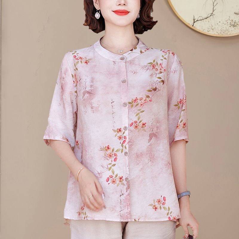 Summer Mom Fashion Pants Set Women'S Guofeng Printed Shirt Middle-Aged And Elderly Loose All-Match Middle-Sleeve Small Shirt Two-Piece Set - Image 1