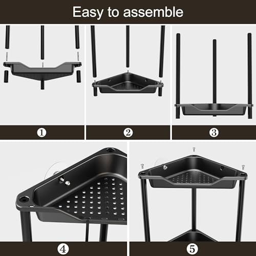Orimade Rustproof 2 Tier Floor Standing Corner Shower Caddy Organizer, Plastic Metal Splicing Floor Corner Shelf Rack Stands for Bathroom, Black - Image 5