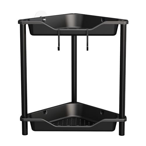 Orimade Rustproof 2 Tier Floor Standing Corner Shower Caddy Organizer, Plastic Metal Splicing Floor Corner Shelf Rack Stands for Bathroom, Black - Image 1