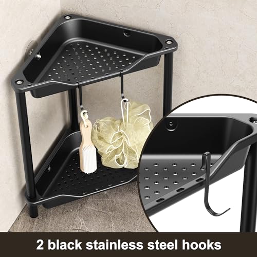 Orimade Rustproof 2 Tier Floor Standing Corner Shower Caddy Organizer, Plastic Metal Splicing Floor Corner Shelf Rack Stands for Bathroom, Black - Image 4