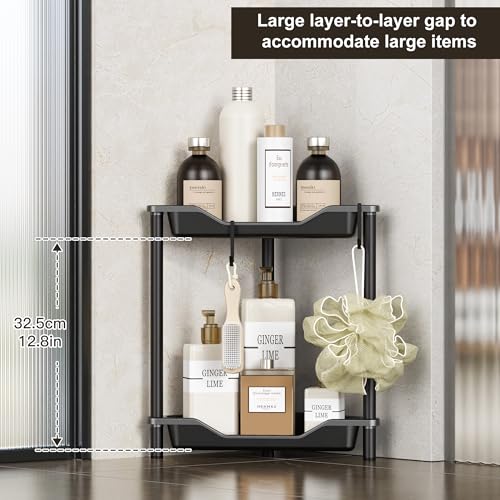 Orimade Rustproof 2 Tier Floor Standing Corner Shower Caddy Organizer, Plastic Metal Splicing Floor Corner Shelf Rack Stands for Bathroom, Black - Image 3