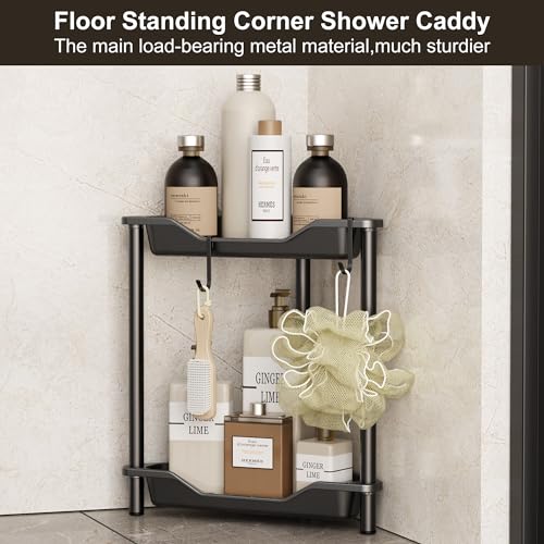 Orimade Rustproof 2 Tier Floor Standing Corner Shower Caddy Organizer, Plastic Metal Splicing Floor Corner Shelf Rack Stands for Bathroom, Black - Image 2