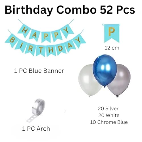FI - FLICK IN 52 Pcs Birthday Decoration Set for Kids, Adults, Boy, Husband, Men | Blue, White, Silver Balloons, Arch Tape, Banner (Cardstock) - Image 2
