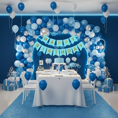 FI - FLICK IN 52 Pcs Birthday Decoration Set for Kids, Adults, Boy, Husband, Men | Blue, White, Silver Balloons, Arch Tape, Banner (Cardstock) - Image 1