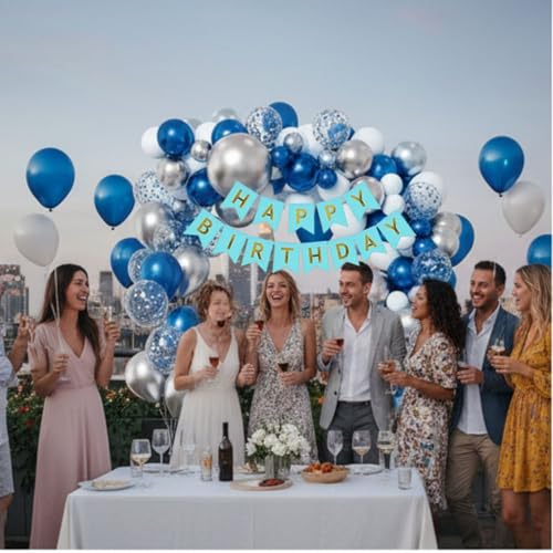 FI - FLICK IN 52 Pcs Birthday Decoration Set for Kids, Adults, Boy, Husband, Men | Blue, White, Silver Balloons, Arch Tape, Banner (Cardstock) - Image 4