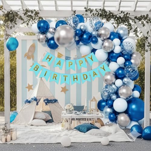 FI - FLICK IN 52 Pcs Birthday Decoration Set for Kids, Adults, Boy, Husband, Men | Blue, White, Silver Balloons, Arch Tape, Banner (Cardstock) - Image 5