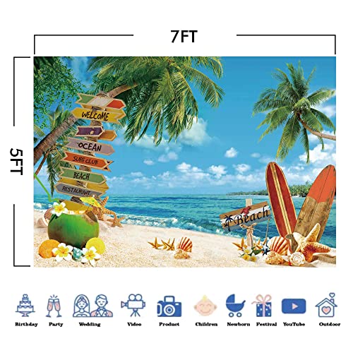Felortte 7x5ft Polyester Fabric Summer Beach Backdrop Tropical Seaside Background Island Palm Trees Photography Blue Sea Sky Hawaii Aloha Luau Party Decoration Banner Pictures Photo Props - Image 4