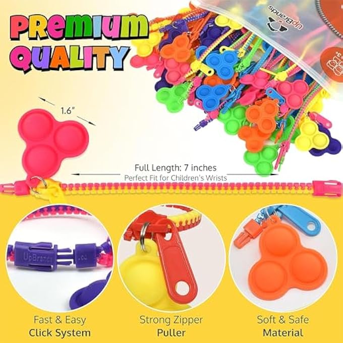 UpBrands 48 Upgraded Pop-It Zipper Bracelets For Kids, ADHD Fidget Toys, Fidgets For Kids, Anxiety Relief Fidget Toys, Kit For Halloween Trinkets, Goody Bags & Easter Eggs Hunt Fillers - Image 3
