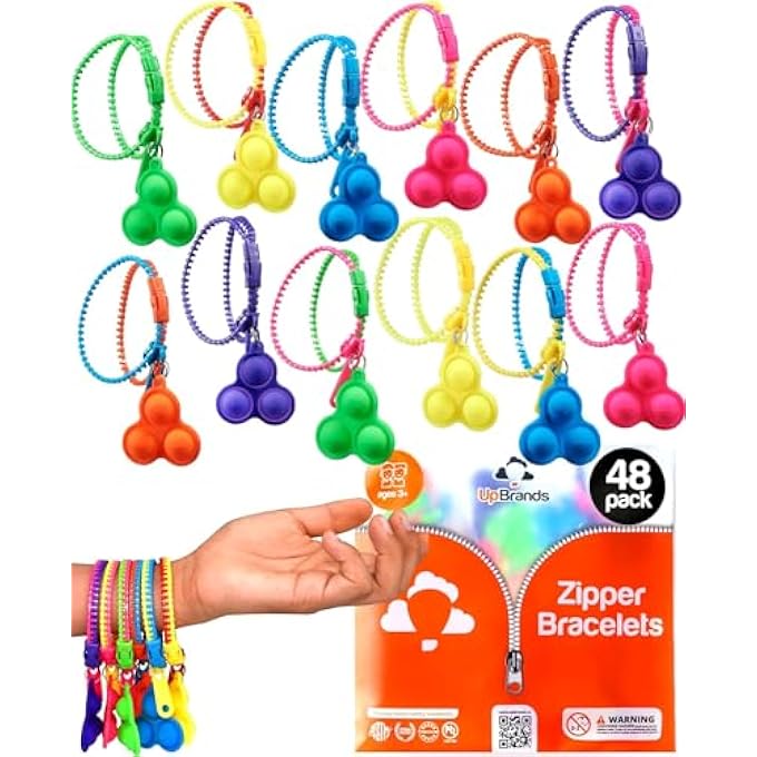 UpBrands 48 Upgraded Pop-It Zipper Bracelets For Kids, ADHD Fidget Toys, Fidgets For Kids, Anxiety Relief Fidget Toys, Kit For Halloween Trinkets, Goody Bags & Easter Eggs Hunt Fillers - Image 1