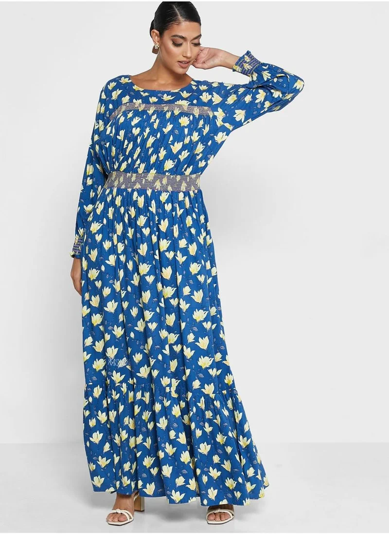 KASHKHA Striped Floral Printed Jalabiya