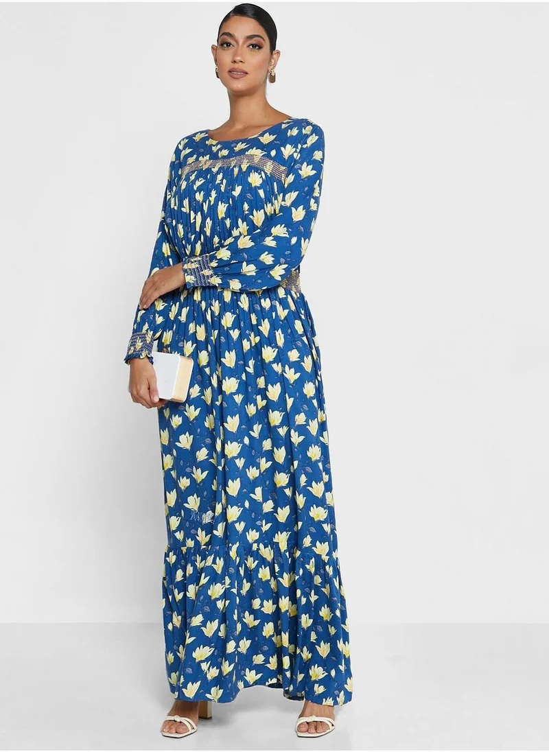 KASHKHA Striped Floral Printed Jalabiya