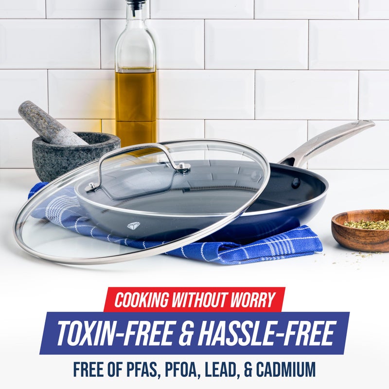 Blue Diamond Cookware 12" Frying Pan Skillet with Lid Diamond Infused Ceramic Healthy Nonstick, PFAS and PFOA-Free, Dishwasher Safe, Oven Safe, Even Heating, Metal Utensil Safe, Warp Control, Blue - Image 2