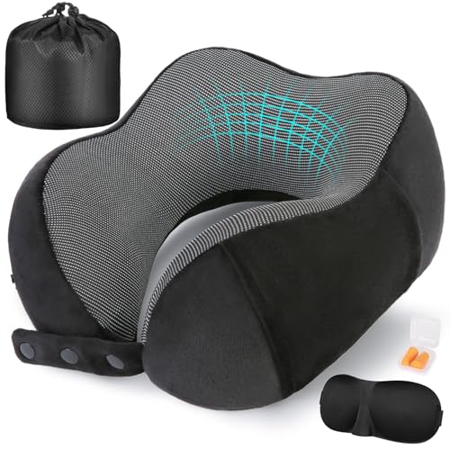 Cirorld Neck Pillow for Traveling, Travel Pillows for Airplanes,100% Pure Memory Foam Travel Neck Pillow, Adjustable Flight Pillow, Portable Plane Accessories with Eye Mask, Earplugs, Carry Bag - Image 1