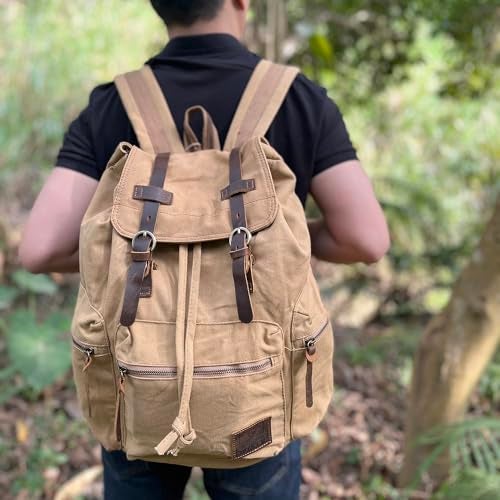AUGUR High Capacity Canvas Vintage Backpack - for Hiking Travel 12-15.6" Laptop Backapcks for Men Casual Daypacks Rucksack(L-Khaki) - Image 4