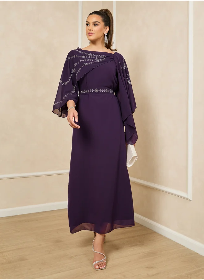 ستايلي Styli Embellished Cape Sleeve A-Line Maxi Dress