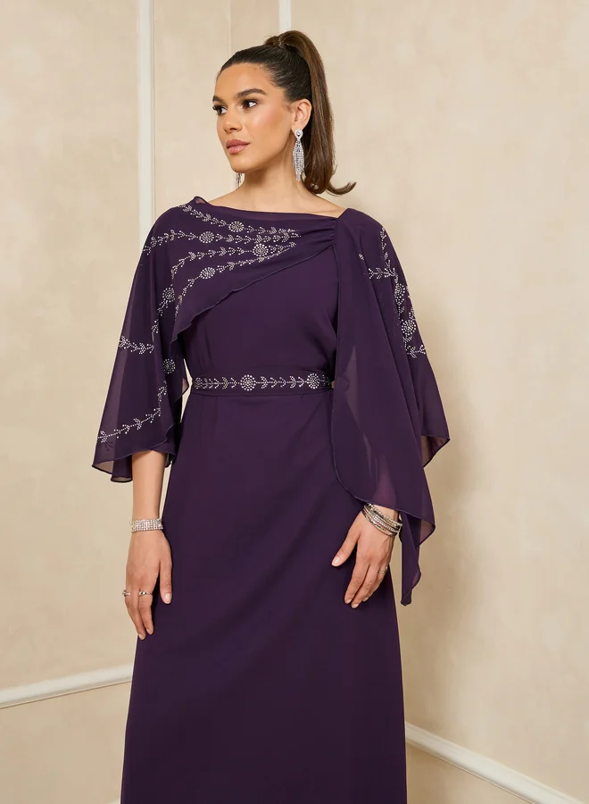Styli Styli Embellished Cape Sleeve A-Line Maxi Dress