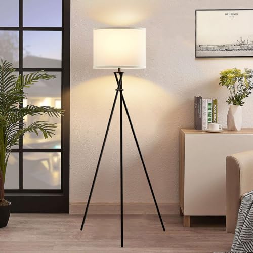Luvkczc Floor Lamp for Living Room, 61'' Modern Tripod Floor Lamps with White Shade & Rotary Switch, Black Floor lamp for Bedroom, Office, Simple Design Lamp - Image 1
