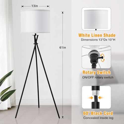 Luvkczc Floor Lamp for Living Room, 61'' Modern Tripod Floor Lamps with White Shade & Rotary Switch, Black Floor lamp for Bedroom, Office, Simple Design Lamp - Image 2