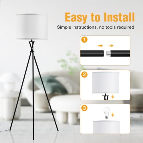 Luvkczc Floor Lamp for Living Room, 61'' Modern Tripod Floor Lamps with White Shade & Rotary Switch, Black Floor lamp for Bedroom, Office, Simple Design Lamp - Image 5